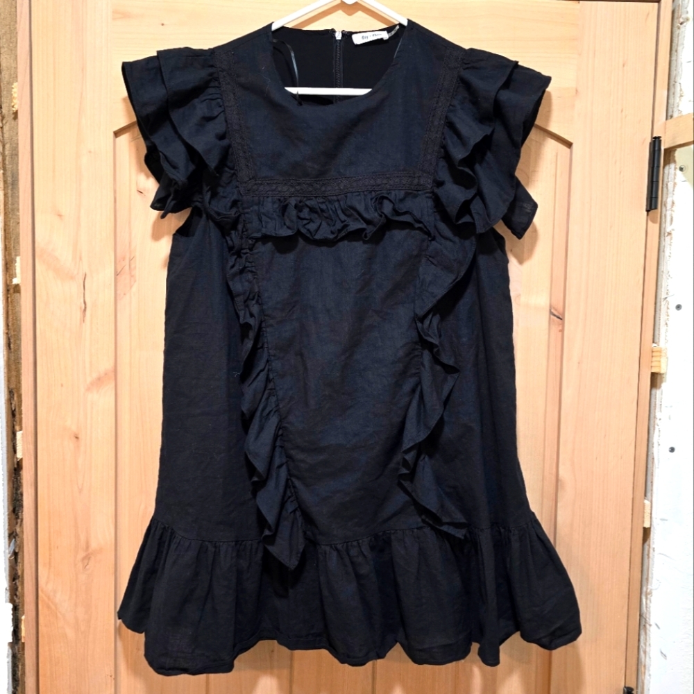 Day + Moon Black Ruffled A-line Mini Dress